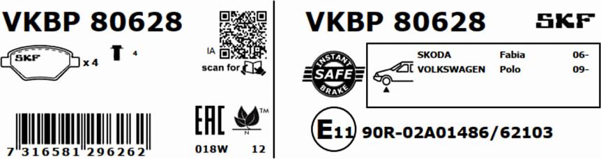 SKF VKBP 80628 - Тормозные колодки, дисковые, комплект parts5.com