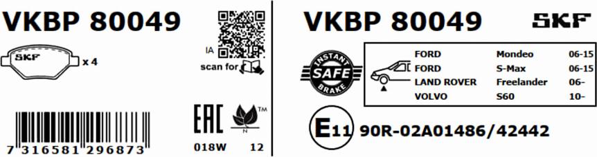 SKF VKBP 80049 - Тормозные колодки, дисковые, комплект parts5.com