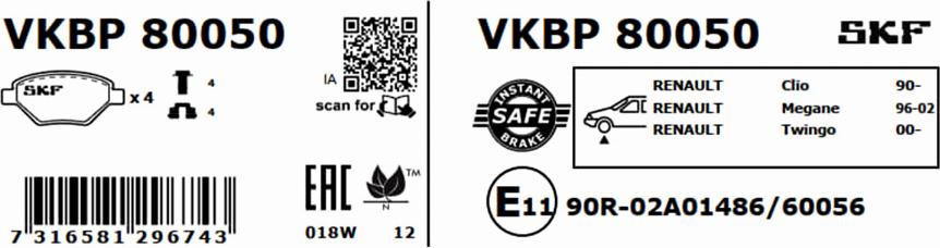 SKF VKBP 80050 - Тормозные колодки, дисковые, комплект parts5.com