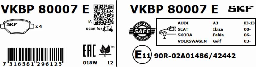 SKF VKBP 80007 E - Тормозные колодки, дисковые, комплект parts5.com