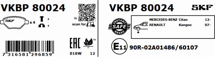 SKF VKBP 80024 - Тормозные колодки, дисковые, комплект parts5.com