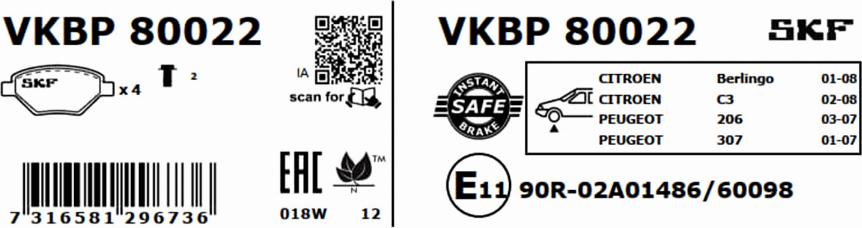 SKF VKBP 80022 - Тормозные колодки, дисковые, комплект parts5.com