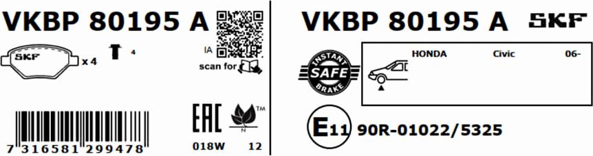 SKF VKBP 80195 A - Тормозные колодки, дисковые, комплект parts5.com