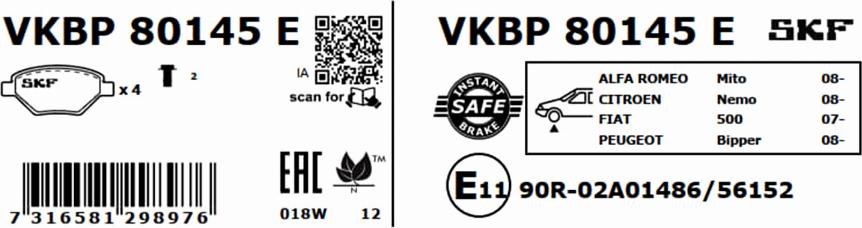 SKF VKBP 80145 E - Тормозные колодки, дисковые, комплект parts5.com