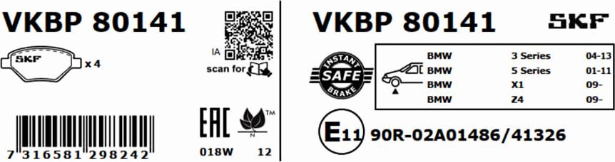 SKF VKBP 80141 - Тормозные колодки, дисковые, комплект parts5.com