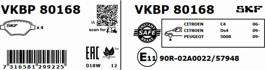 SKF VKBP 80168 - Тормозные колодки, дисковые, комплект parts5.com