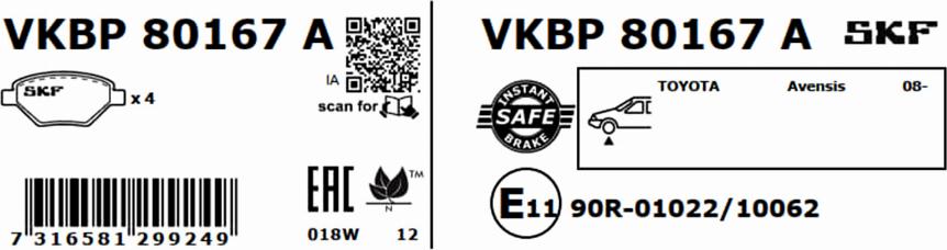 SKF VKBP 80167 A - Тормозные колодки, дисковые, комплект parts5.com