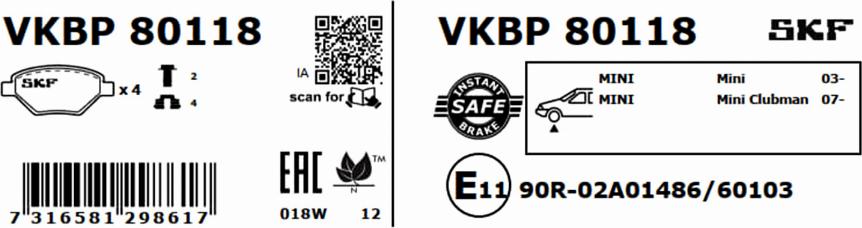 SKF VKBP 80118 - Тормозные колодки, дисковые, комплект parts5.com