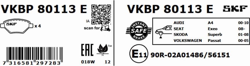 SKF VKBP 80113 E - Тормозные колодки, дисковые, комплект parts5.com