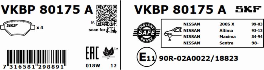 SKF VKBP 80175 A - Тормозные колодки, дисковые, комплект parts5.com