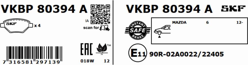 SKF VKBP 80394 A - Тормозные колодки, дисковые, комплект parts5.com