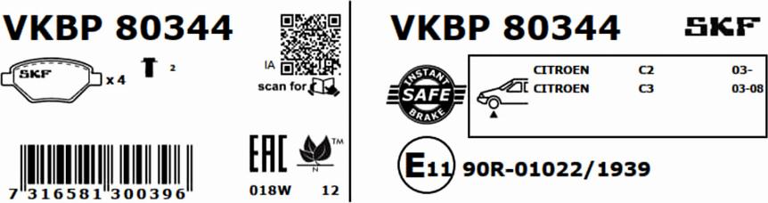 SKF VKBP 80344 - Тормозные колодки, дисковые, комплект parts5.com