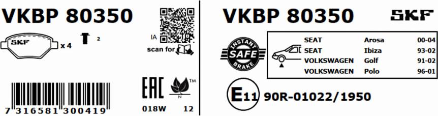 SKF VKBP 80350 - Тормозные колодки, дисковые, комплект parts5.com