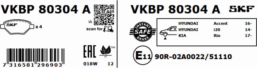 SKF VKBP 80304 A - Тормозные колодки, дисковые, комплект parts5.com