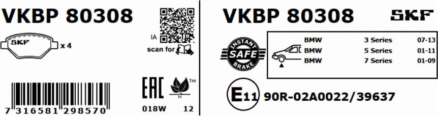 SKF VKBP 80308 - Тормозные колодки, дисковые, комплект parts5.com