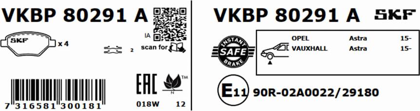 SKF VKBP 80291 A - Тормозные колодки, дисковые, комплект parts5.com