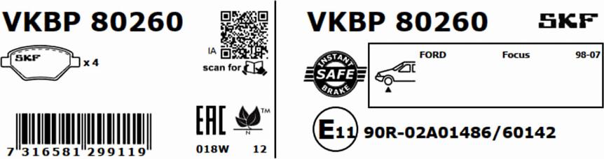 SKF VKBP 80260 - Тормозные колодки, дисковые, комплект parts5.com