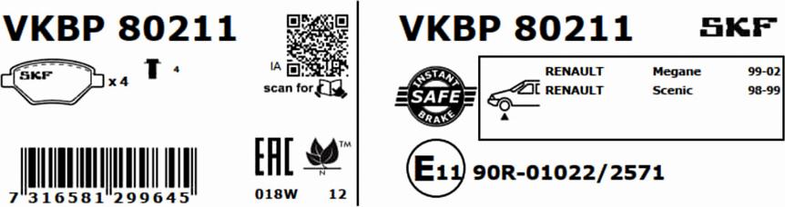 SKF VKBP 80211 - Тормозные колодки, дисковые, комплект parts5.com