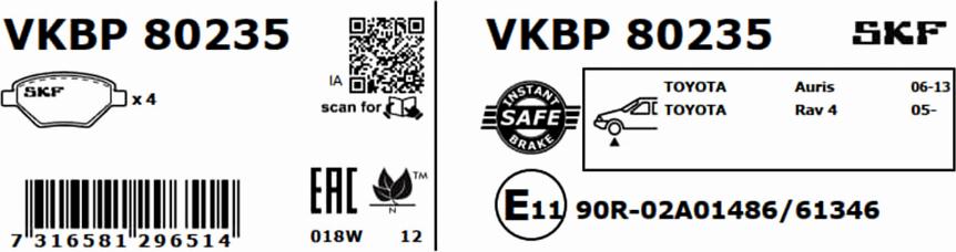 SKF VKBP 80235 - Тормозные колодки, дисковые, комплект parts5.com