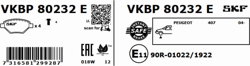 SKF VKBP 80232 E - Тормозные колодки, дисковые, комплект parts5.com