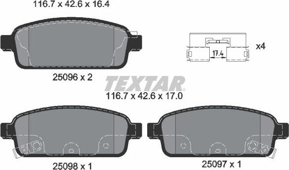 Textar 2509602 - Тормозные колодки, дисковые, комплект parts5.com