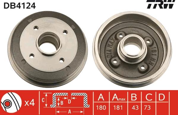 TRW DB4124 - Тормозной барабан parts5.com