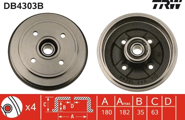 TRW DB4303B - Тормозной барабан parts5.com