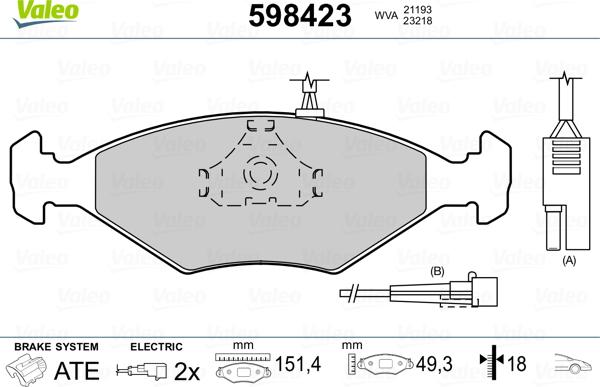 Valeo 598423 - Тормозные колодки, дисковые, комплект parts5.com