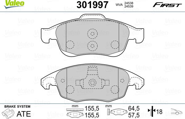 Valeo 301997 - Тормозные колодки, дисковые, комплект parts5.com