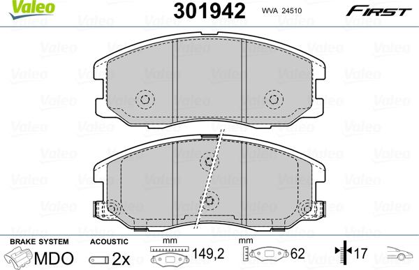 Valeo 301942 - Тормозные колодки, дисковые, комплект parts5.com