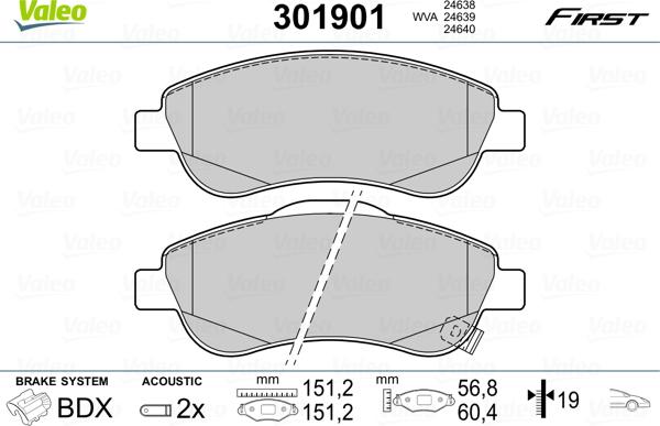 Valeo 301901 - Тормозные колодки, дисковые, комплект parts5.com