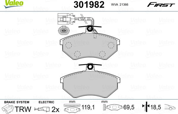 Valeo 301982 - Тормозные колодки, дисковые, комплект parts5.com