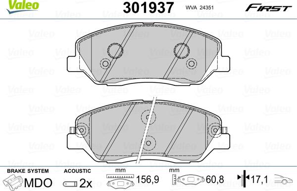 Valeo 301937 - Тормозные колодки, дисковые, комплект parts5.com