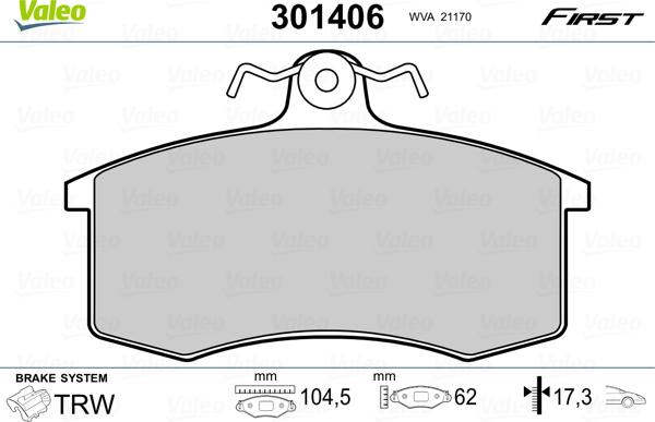 Valeo 301406 - Тормозные колодки, дисковые, комплект parts5.com