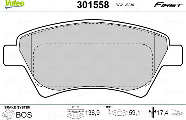 Valeo 301558 - Тормозные колодки, дисковые, комплект parts5.com