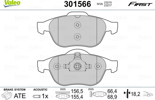 Valeo 301566 - Тормозные колодки, дисковые, комплект parts5.com