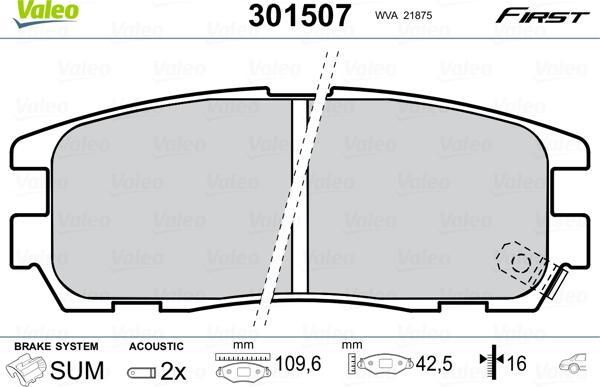 Valeo 301507 - Тормозные колодки, дисковые, комплект parts5.com