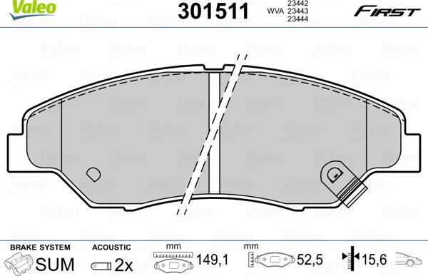 Valeo 301511 - Тормозные колодки, дисковые, комплект parts5.com