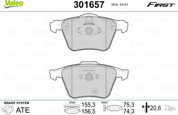 Valeo 301657 - Тормозные колодки, дисковые, комплект parts5.com