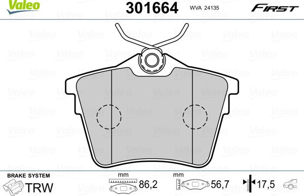 Valeo 301664 - Тормозные колодки, дисковые, комплект parts5.com