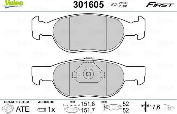 Valeo 301605 - Тормозные колодки, дисковые, комплект parts5.com