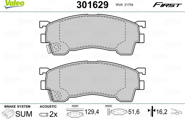 Valeo 301629 - Тормозные колодки, дисковые, комплект parts5.com