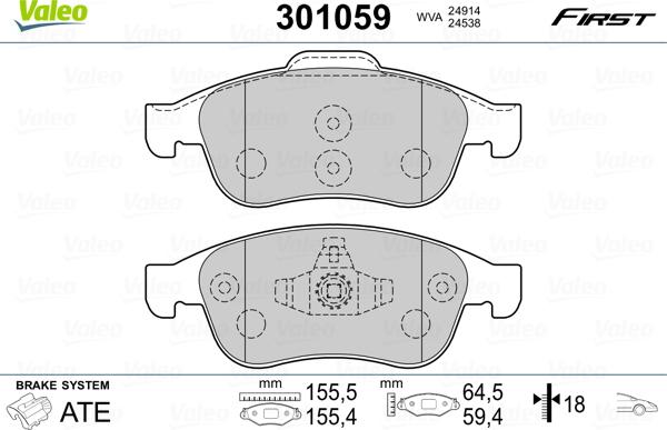 Valeo 301059 - Тормозные колодки, дисковые, комплект parts5.com