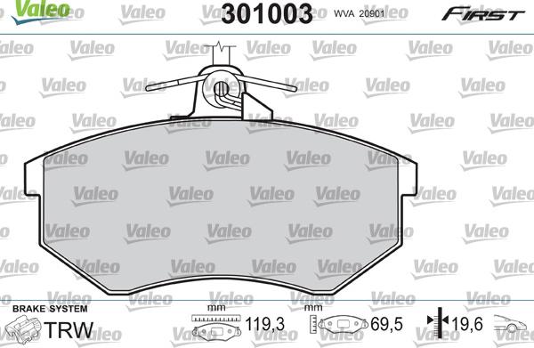 Valeo 301003 - Тормозные колодки, дисковые, комплект parts5.com