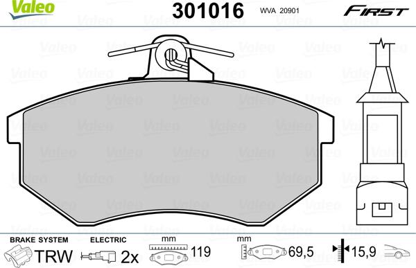 Valeo 301016 - Тормозные колодки, дисковые, комплект parts5.com