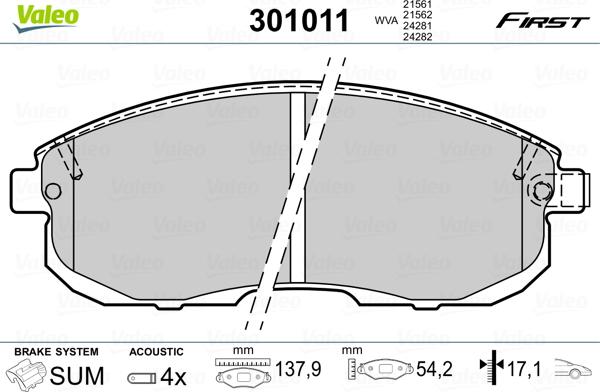 Valeo 301011 - Тормозные колодки, дисковые, комплект parts5.com