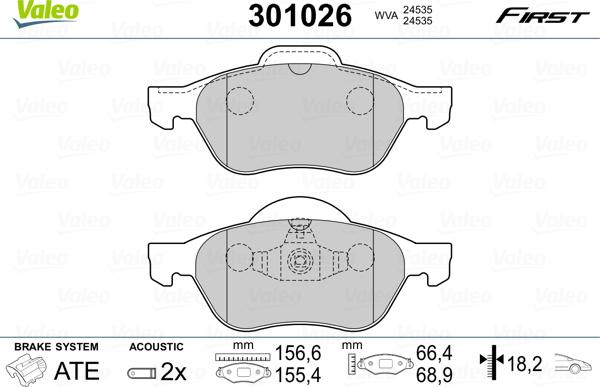 Valeo 301026 - Тормозные колодки, дисковые, комплект parts5.com