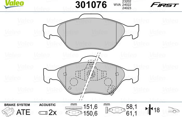 Valeo 301076 - Тормозные колодки, дисковые, комплект parts5.com