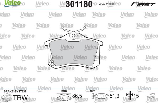 Valeo 301180 - Тормозные колодки, дисковые, комплект parts5.com