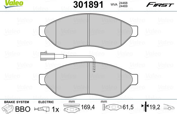 Valeo 301891 - Тормозные колодки, дисковые, комплект parts5.com